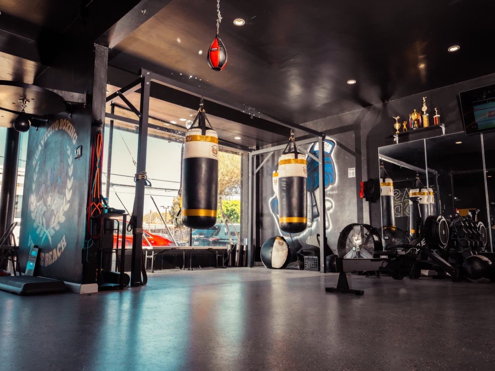 A row of heavy bags hanging in the studio